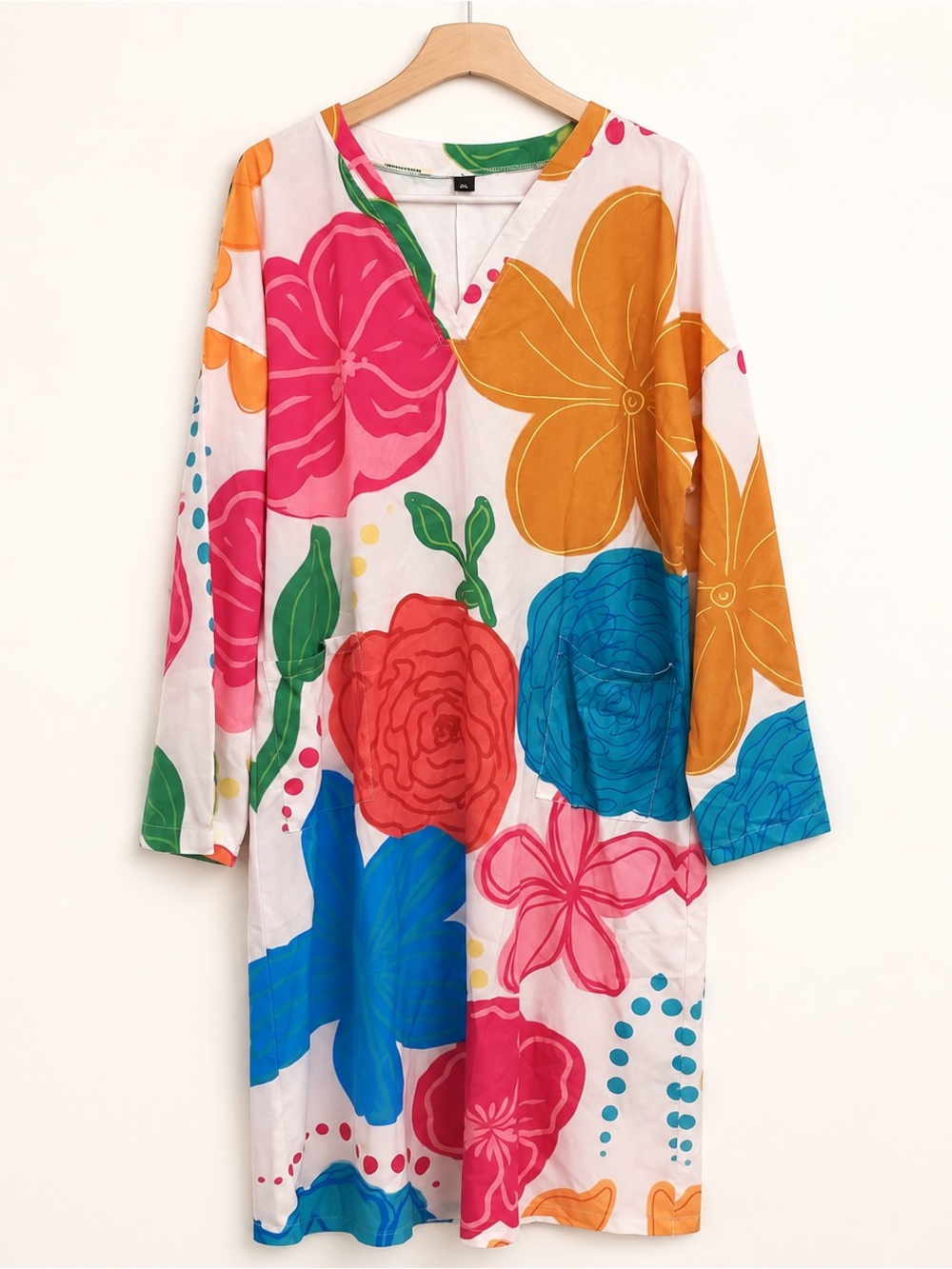 Bright Floral Print Long Sleeve Dress - Multicolor